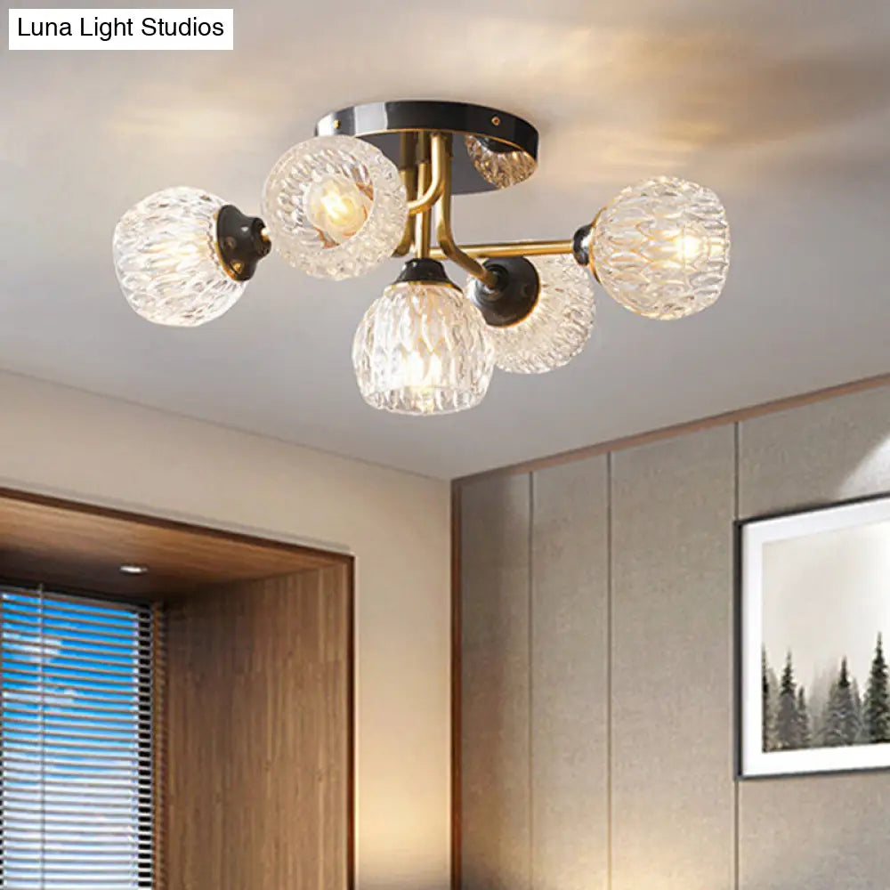 Ultra-Contemporary 5-Light Bowl Semi Flush Chandelier - Ribbed Glass Ceiling Light For Bedroom