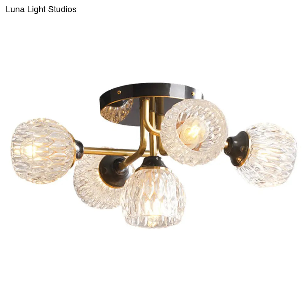 Ultra-Contemporary 5-Light Bowl Semi Flush Chandelier - Ribbed Glass Ceiling Light For Bedroom Black