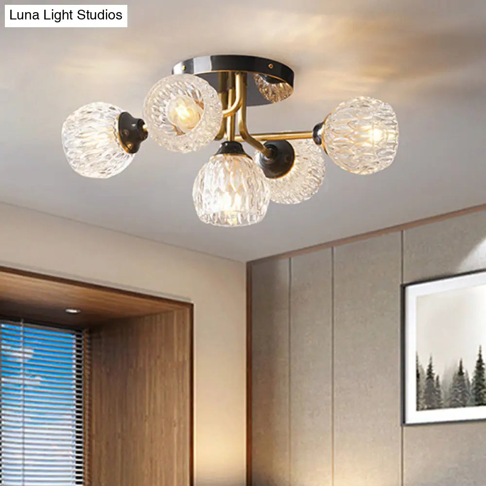 Ultra - Contemporary 5 - Light Bowl Semi Flush Chandelier - Ribbed Glass Ceiling Light For Bedroom