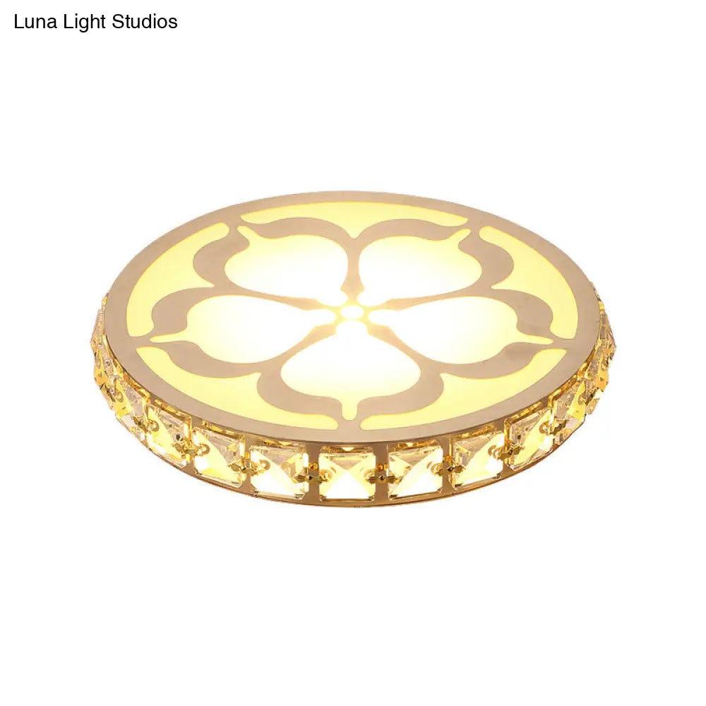 Ultrathin Round Led Crystal Flush Mount Ceiling Light With Flower Pattern - Elegant Corridor Lamp