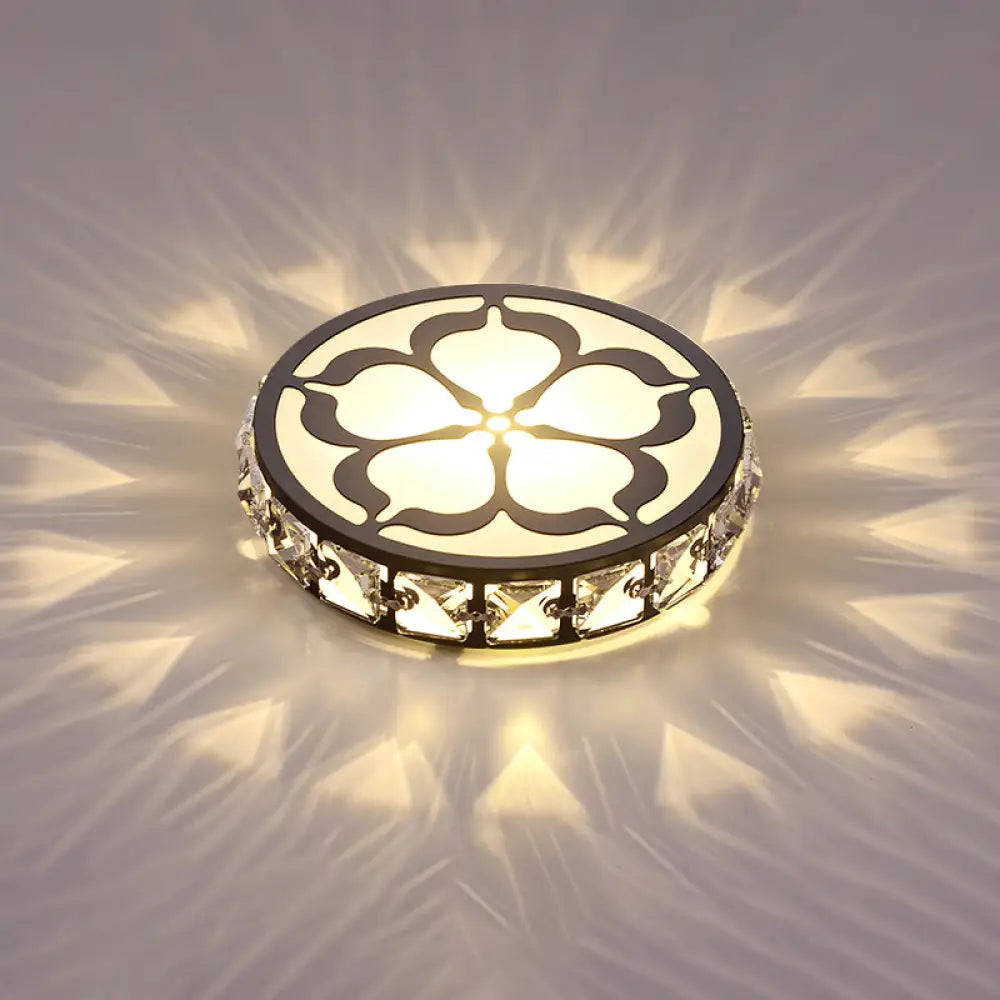 Ultrathin Round Led Crystal Flush Mount Ceiling Light With Flower Pattern - Elegant Corridor Lamp