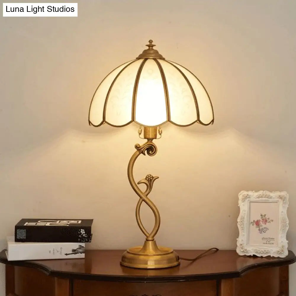 Umbrella Shaped Traditional Brass Nightstand Lamp - Cream Glass Single Table Light