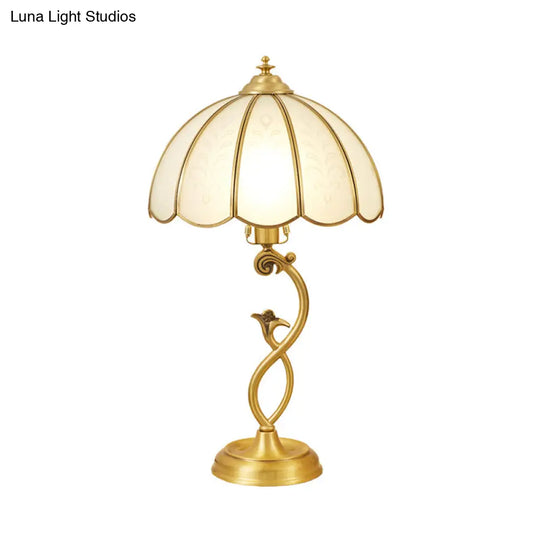 Umbrella Shaped Traditional Brass Nightstand Lamp - Cream Glass Single Table Light