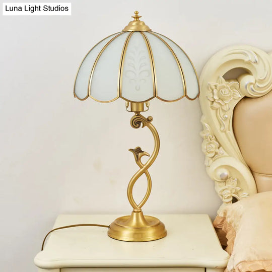 Umbrella Shaped Traditional Brass Nightstand Lamp - Cream Glass Single Table Light