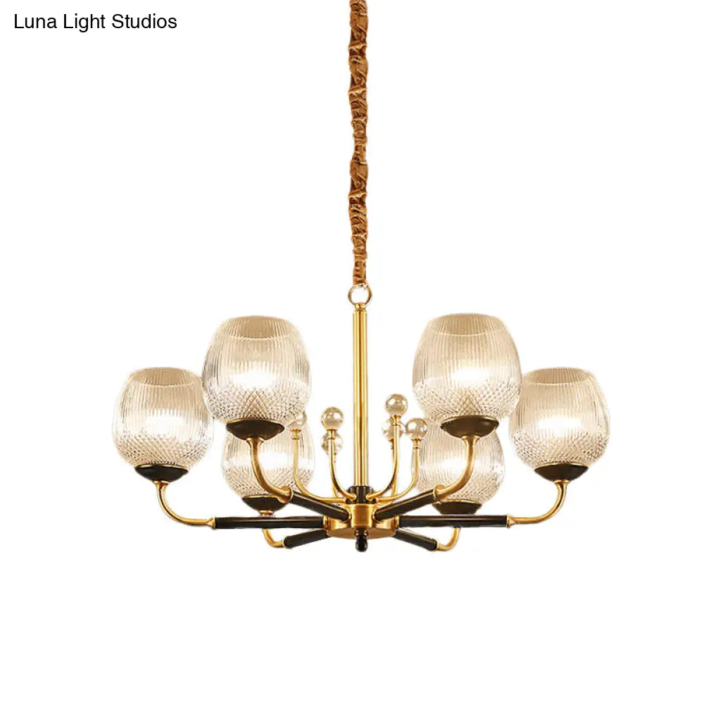 Up Chandelier In Brass: Ribbed Glass Snifter Cup Pendant Lamp - Postmodern 3/6 Heads For Dining Room