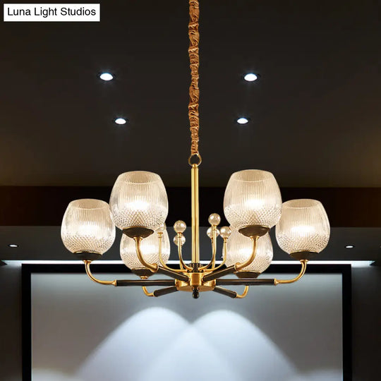 Up Chandelier In Brass: Ribbed Glass Snifter Cup Pendant Lamp - Postmodern 3/6 Heads For Dining Room