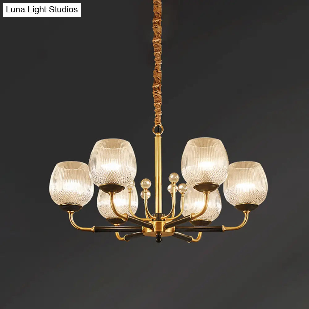 Up Chandelier In Brass: Ribbed Glass Snifter Cup Pendant Lamp - Postmodern 3/6 Heads For Dining Room