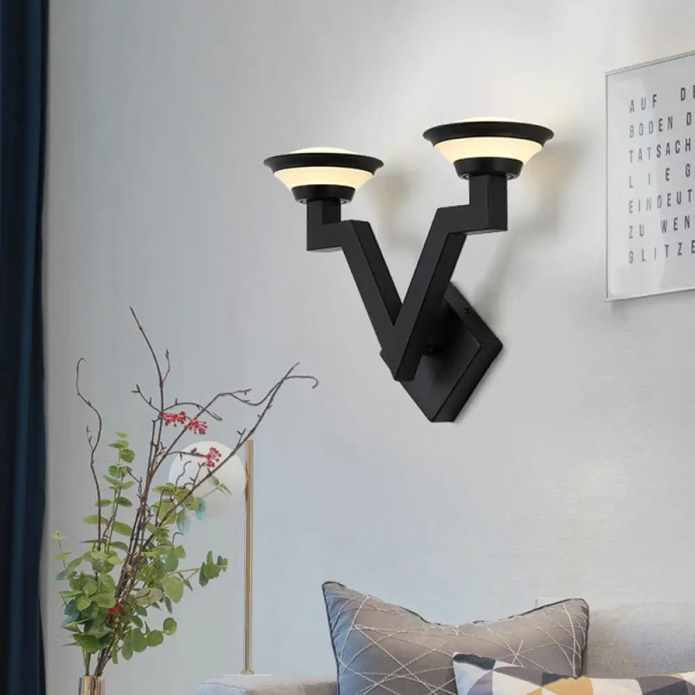 V-Shaped Metal Wall Sconce With 2 Lights For Country Living Rooms Black