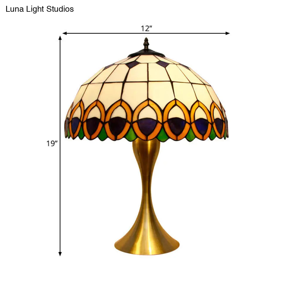 1-Light Traditional Stained Art Glass Nightstand Lamp With Peacock Feather Pattern In Brass Finish