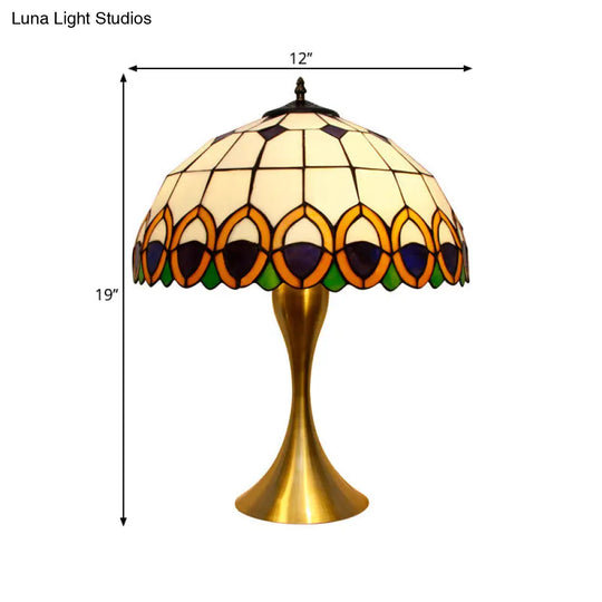 1-Light Traditional Stained Art Glass Nightstand Lamp With Peacock Feather Pattern In Brass Finish