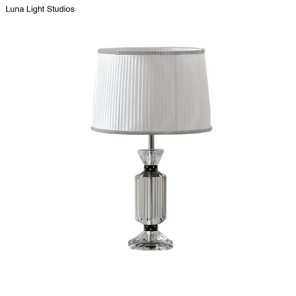 Rural Style Night Table Lamp - Drum Reading Light With Fabric Shade White/Blue Clear Crystal Base