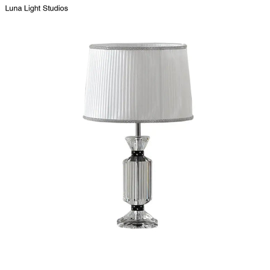 Rural Style Night Table Lamp - Drum Reading Light With Fabric Shade White/Blue Clear Crystal Base