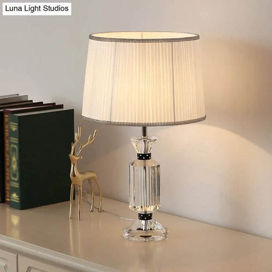 Rural Style Night Table Lamp - Drum Reading Light With Fabric Shade White/Blue Clear Crystal Base