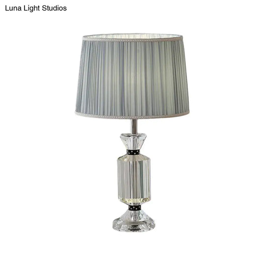 Rural Style Night Table Lamp - Drum Reading Light With Fabric Shade White/Blue Clear Crystal Base