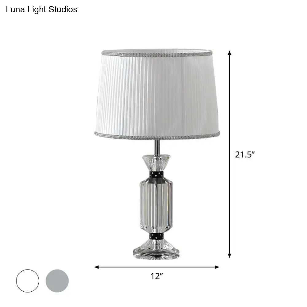 Rural Style Night Table Lamp - Drum Reading Light With Fabric Shade White/Blue Clear Crystal Base