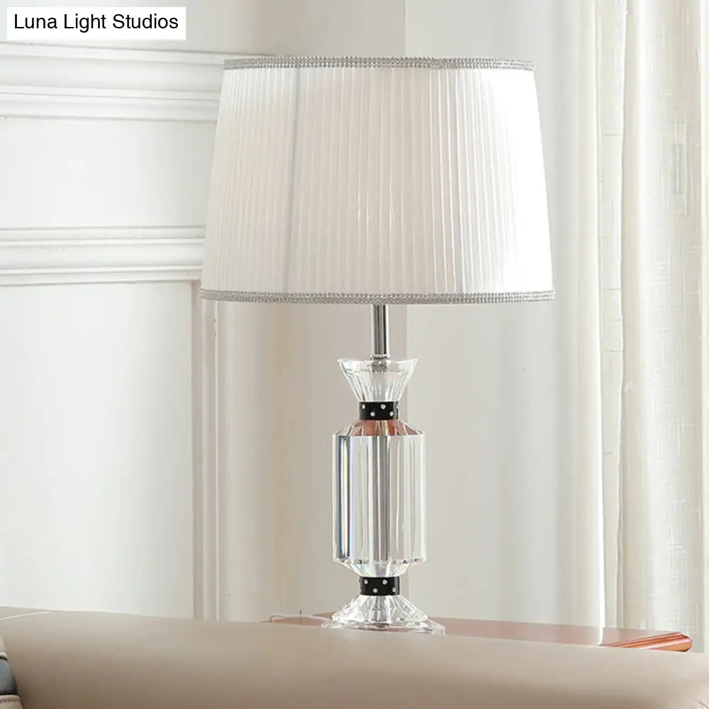 Rural Style Night Table Lamp - Drum Reading Light With Fabric Shade White/Blue Clear Crystal Base