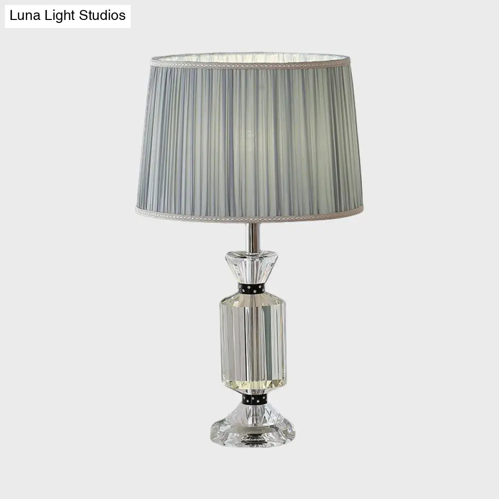 Rural Style Night Table Lamp - Drum Reading Light With Fabric Shade White/Blue Clear Crystal Base