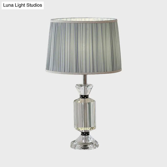 Rural Style Night Table Lamp - Drum Reading Light With Fabric Shade White/Blue Clear Crystal Base