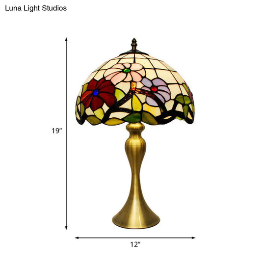 Gold Tiffany Bowl Night Table Lamp With Stained Art Glass & Blossom Pattern