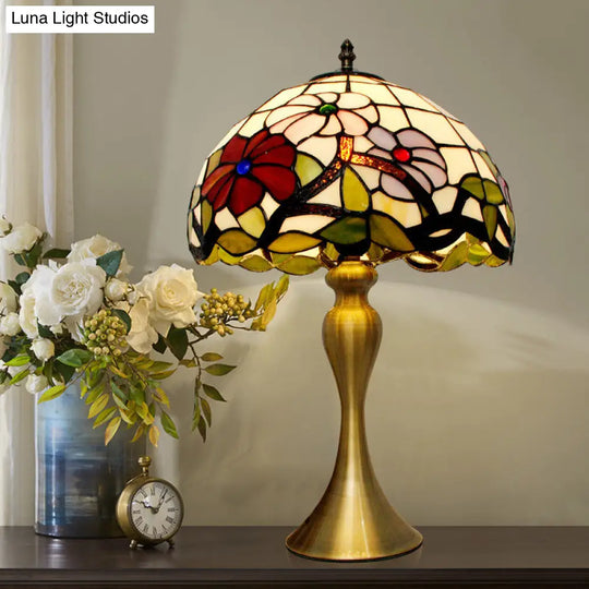 Gold Tiffany Bowl Night Table Lamp With Stained Art Glass & Blossom Pattern