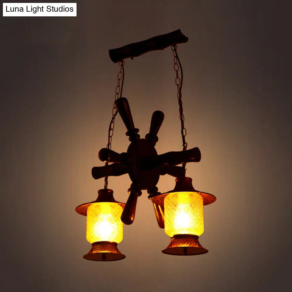 Vanessa - Kerosene Chandelier Lamp 2 Lights Yellow Grid Glass Pendant Ceiling