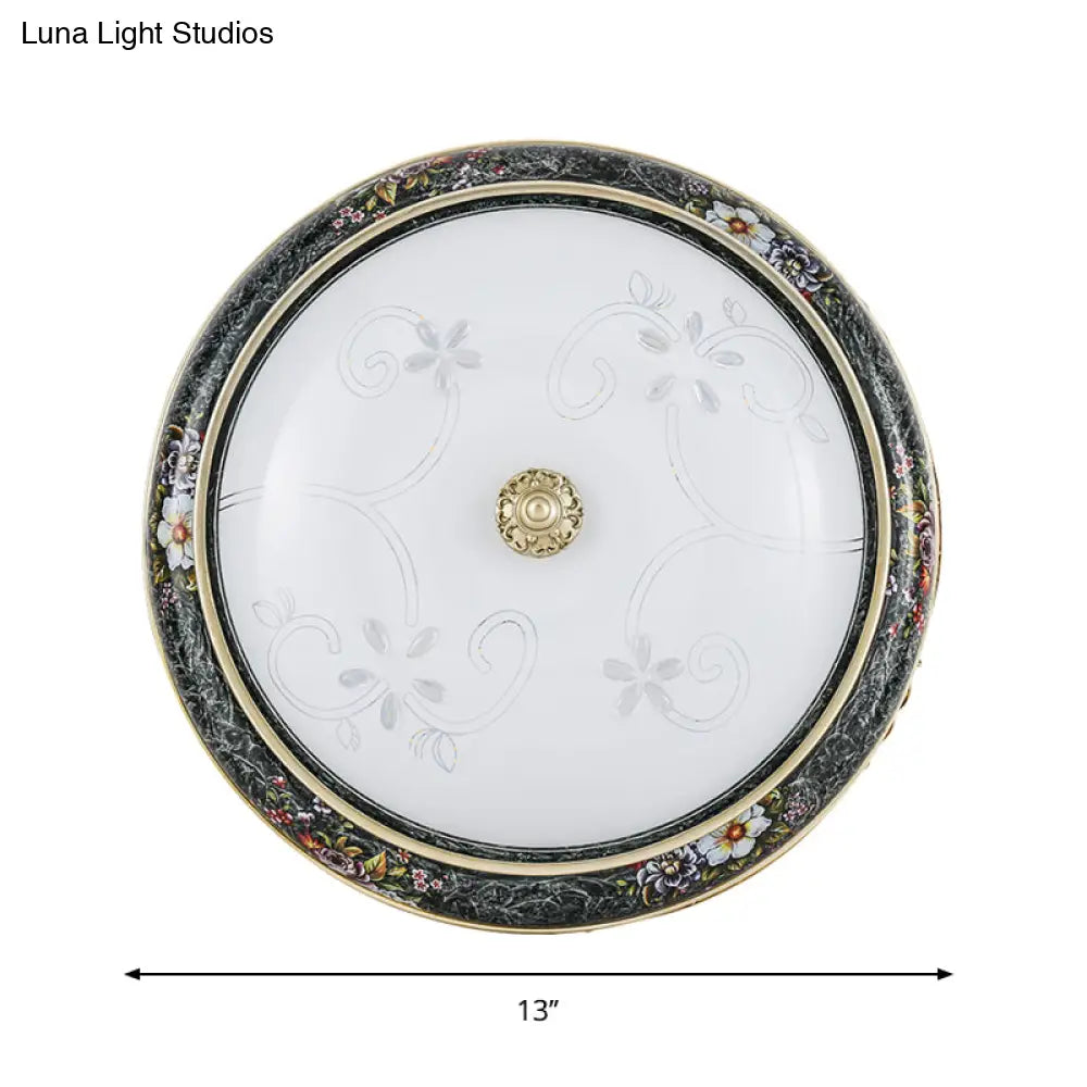 Veined Glass Led Flushmount With Bowl Shade In Black And Gold: Traditional Bedroom Lighting 3 Sizes