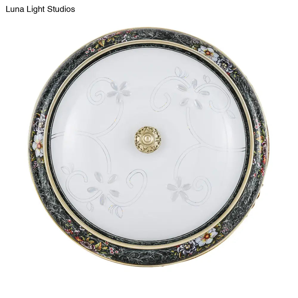 Veined Glass Led Flushmount With Bowl Shade In Black And Gold: Traditional Bedroom Lighting 3 Sizes