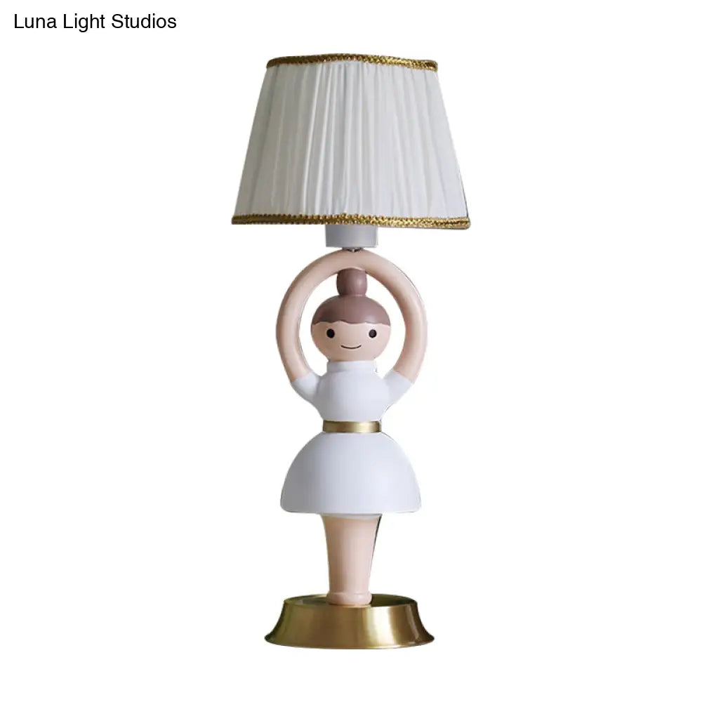 Vera - White Cartoon Girl Light Base Table Lamp Kids 1 Head Resin Nightstand With Fabric Shade