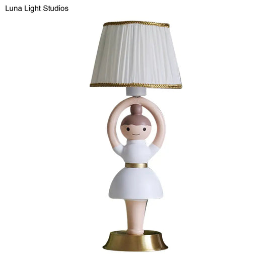 Vera - White Cartoon Girl Light Base Table Lamp Kids 1 Head Resin Nightstand With Fabric Shade