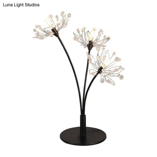 Modern Hand-Cut Crystal Desk Lamp Black Blossom Nightstand Light With 3 Heads