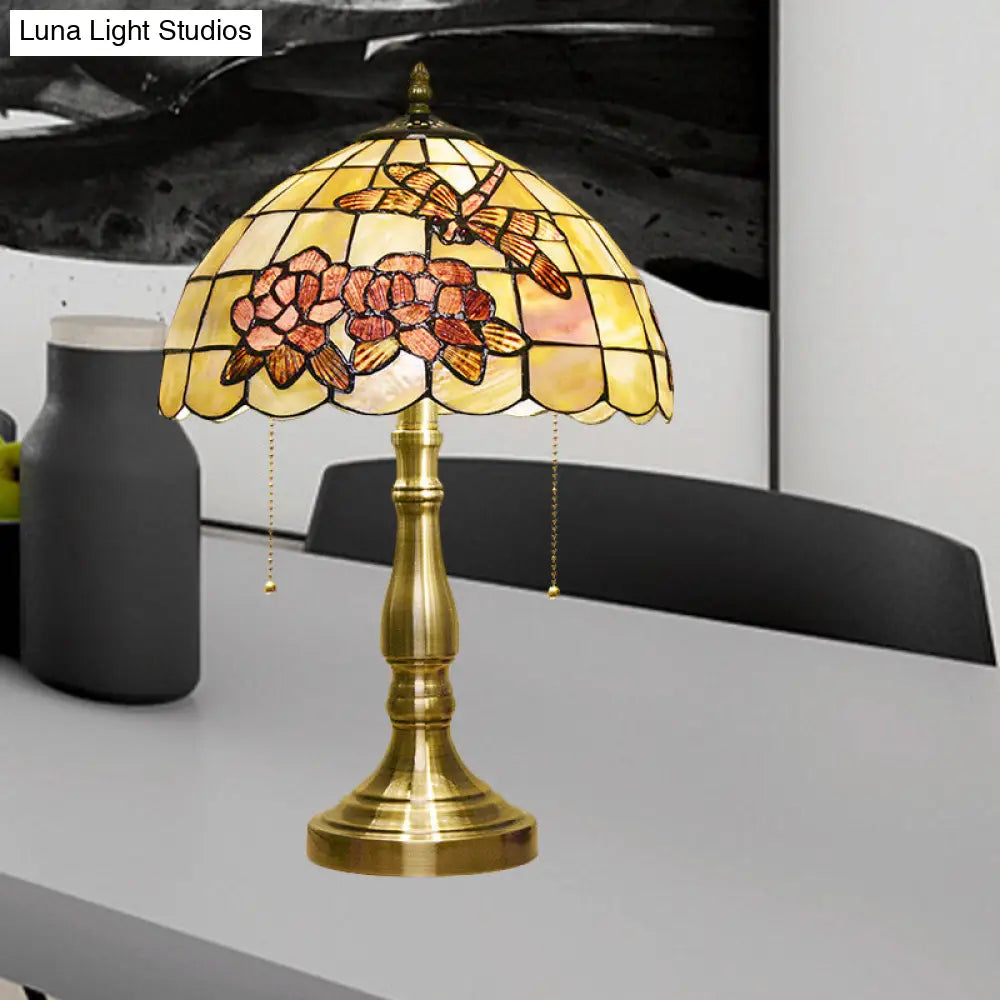 Brass Dragonfly Tiffany Table Lamp: Brushed 2-Bulb Nightstand Light With Pull Chain