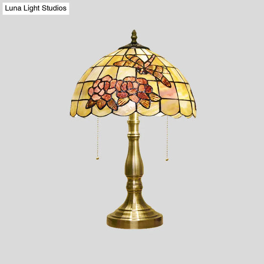 Brass Dragonfly Tiffany Table Lamp: Brushed 2-Bulb Nightstand Light With Pull Chain