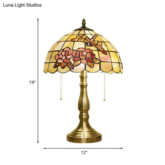 Brass Dragonfly Tiffany Table Lamp: Brushed 2-Bulb Nightstand Light With Pull Chain