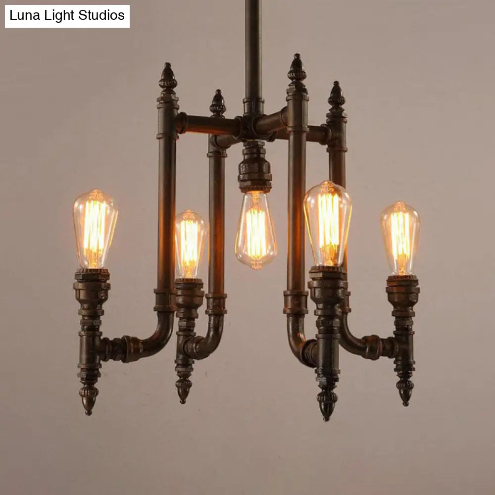 Victoire - Rust 5 Bulbs Chandelier Lighting Antiqued Metallic Radial Pipe Ceiling Hang Fixture For