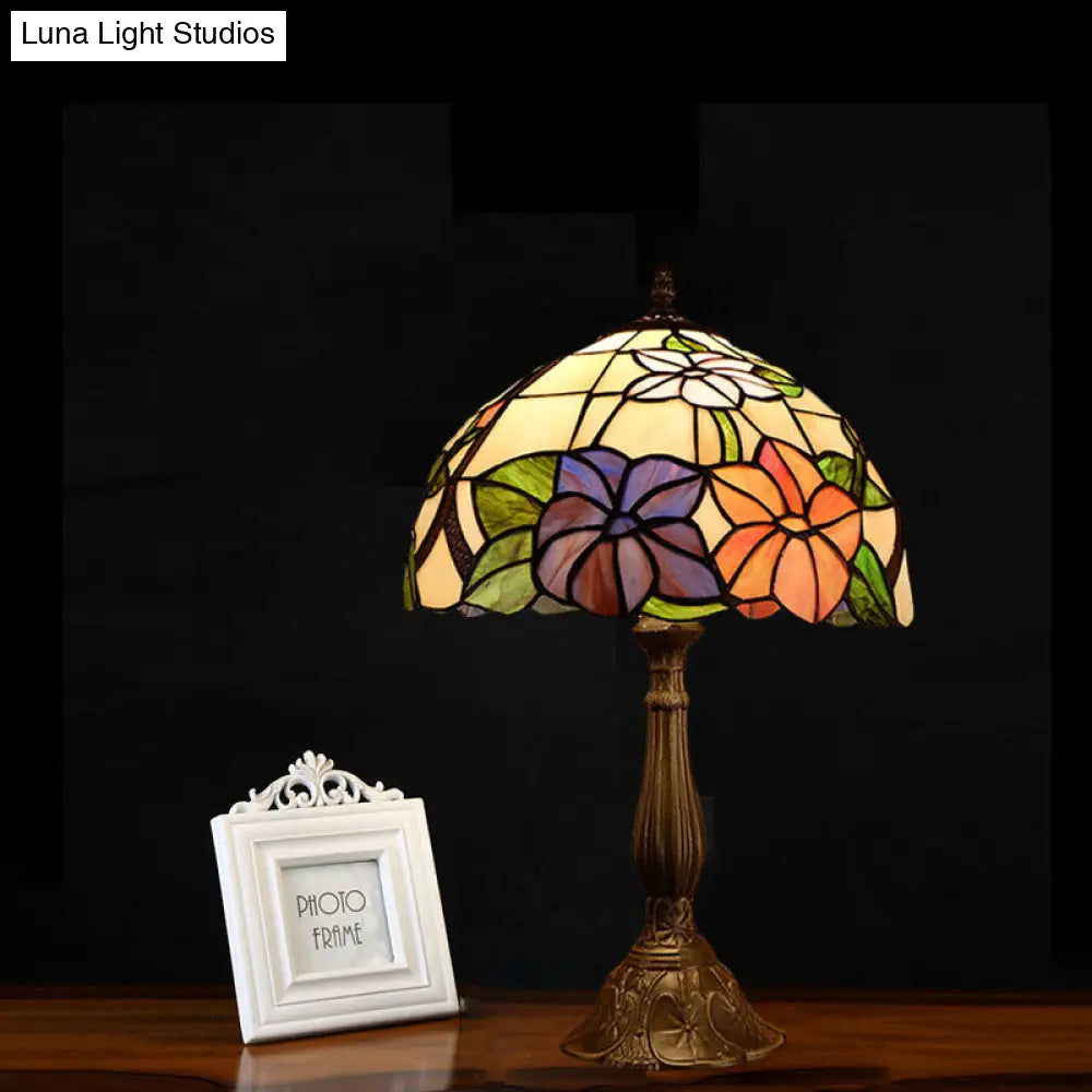 Tiffany Dome Shade Table Light: Stained Art Glass Night Lamp Bronze With Bloom Pattern - 1 Bulb