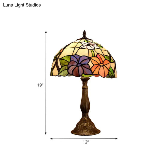 Tiffany Dome Shade Table Light: Stained Art Glass Night Lamp Bronze With Bloom Pattern - 1 Bulb