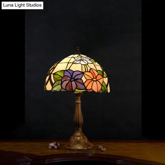 Tiffany Dome Shade Table Light: Stained Art Glass Night Lamp Bronze With Bloom Pattern - 1 Bulb