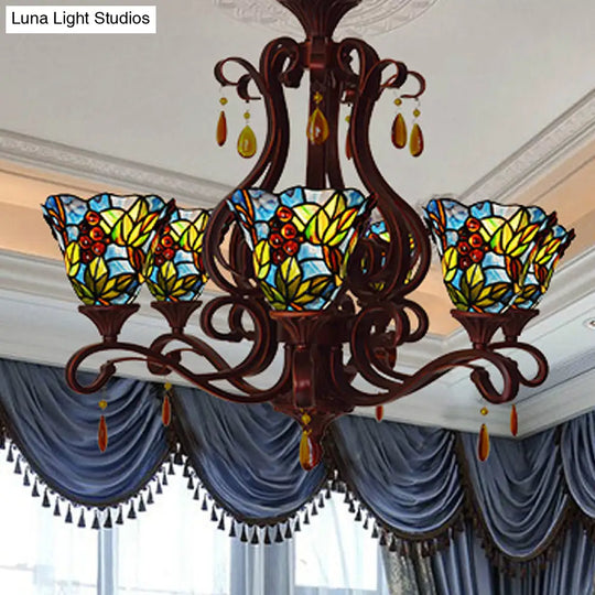 Victorian 6-Light Bedroom Ceiling Chandelier With Floral Stained Glass Shades In Red Pink And Blue