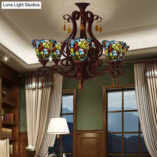 Victorian 6-Light Bedroom Ceiling Chandelier With Floral Stained Glass Shades In Red Pink And Blue