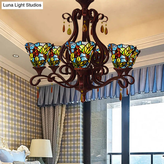 Victorian Bedroom Ceiling Chandelier With 6 Lights And Floral Stained Glass Shade In Red/Pink/Blue