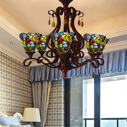 Victorian 6-Light Bedroom Ceiling Chandelier With Floral Stained Glass Shades In Red Pink And Blue