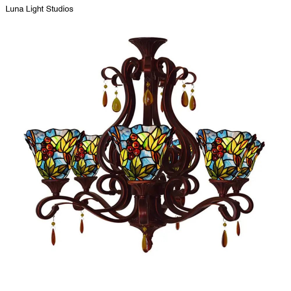 Victorian 6-Light Bedroom Ceiling Chandelier With Floral Stained Glass Shades In Red Pink And Blue