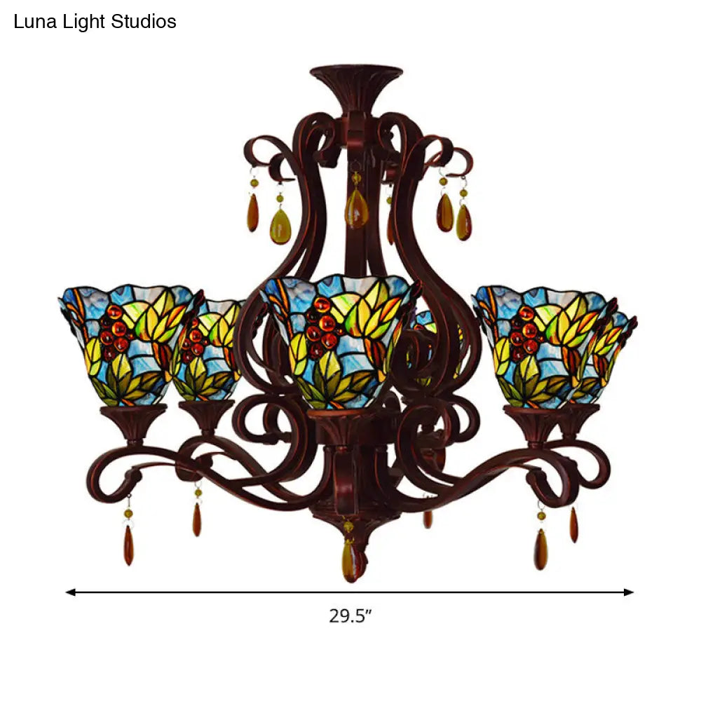 Victorian Bedroom Ceiling Chandelier With 6 Lights And Floral Stained Glass Shade In Red/Pink/Blue