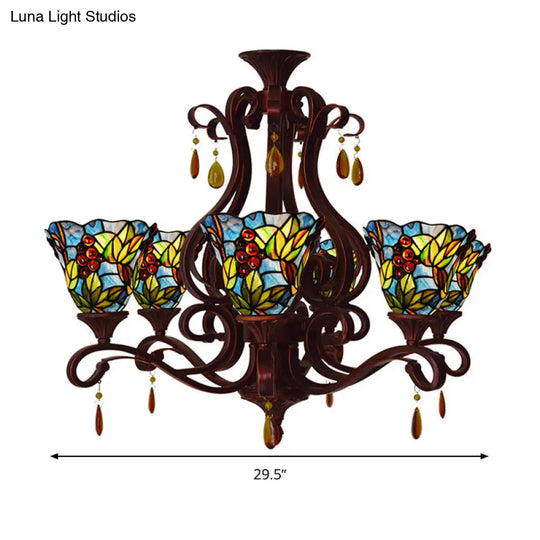 Victorian Bedroom Ceiling Chandelier With 6 Lights And Floral Stained Glass Shade In Red/Pink/Blue