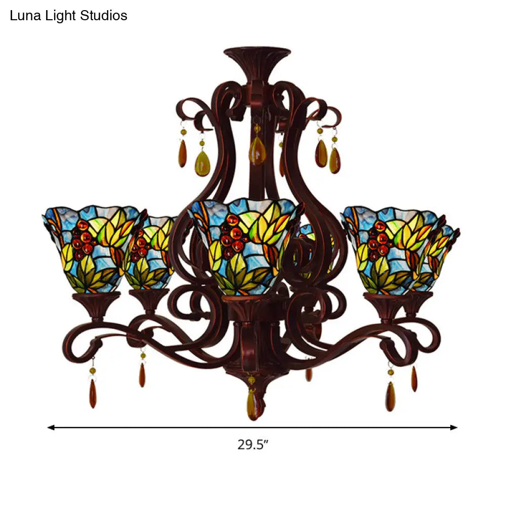 Victorian 6-Light Bedroom Ceiling Chandelier With Floral Stained Glass Shades In Red Pink And Blue