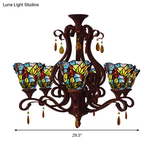 Victorian 6-Light Bedroom Ceiling Chandelier With Floral Stained Glass Shades In Red Pink And Blue