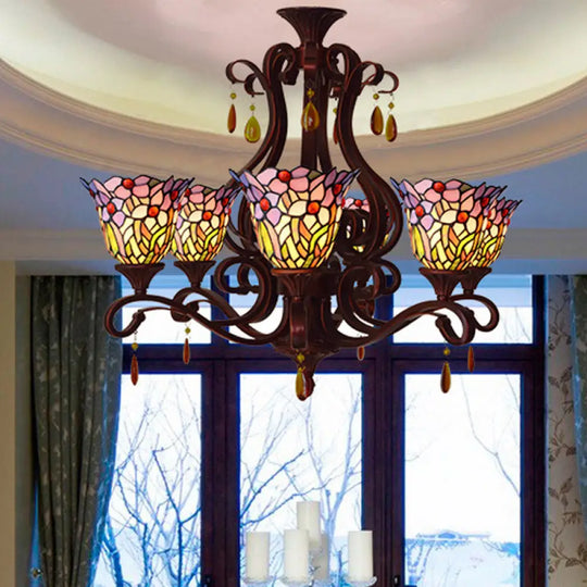 Victorian 6-Light Bedroom Ceiling Chandelier With Floral Stained Glass Shades In Red Pink And Blue