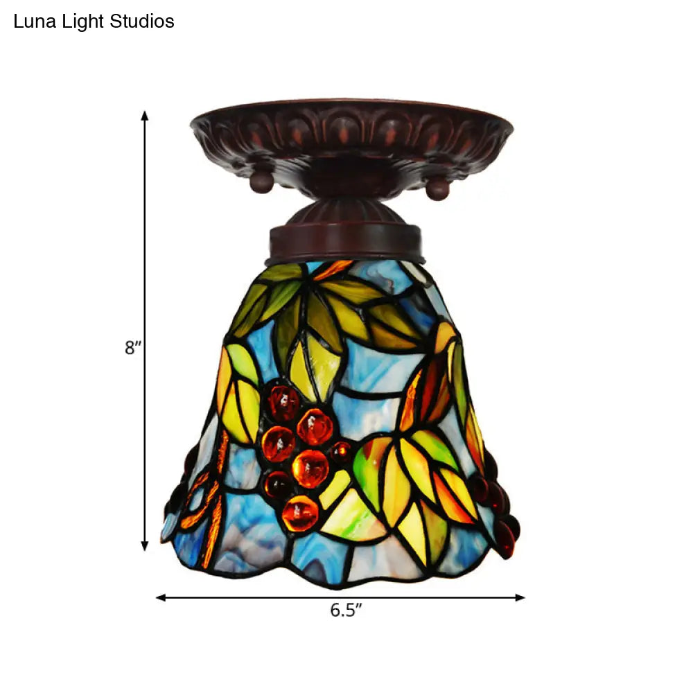 Victorian Bell Flush Mount Ceiling Lamp - Pink/Blue Stained Glass Bedroom Light Fixture With 1