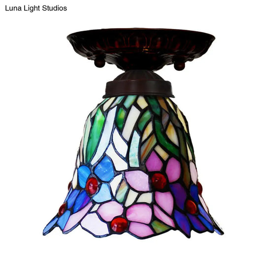 Victorian Bell Flush Mount Ceiling Lamp - Pink/Blue Stained Glass Bedroom Light Fixture With 1