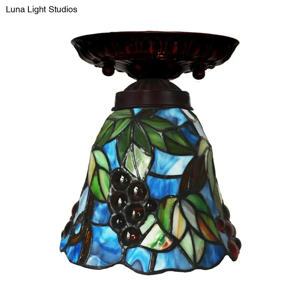 Victorian Bell Flush Mount Ceiling Lamp - Pink/Blue Stained Glass Bedroom Light Fixture With 1